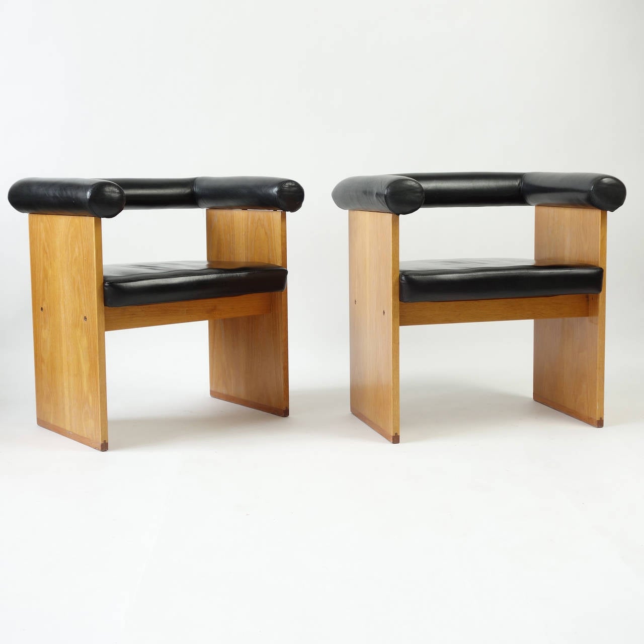 European Pair of Leather and Limed Oak Minimalist Armchairs