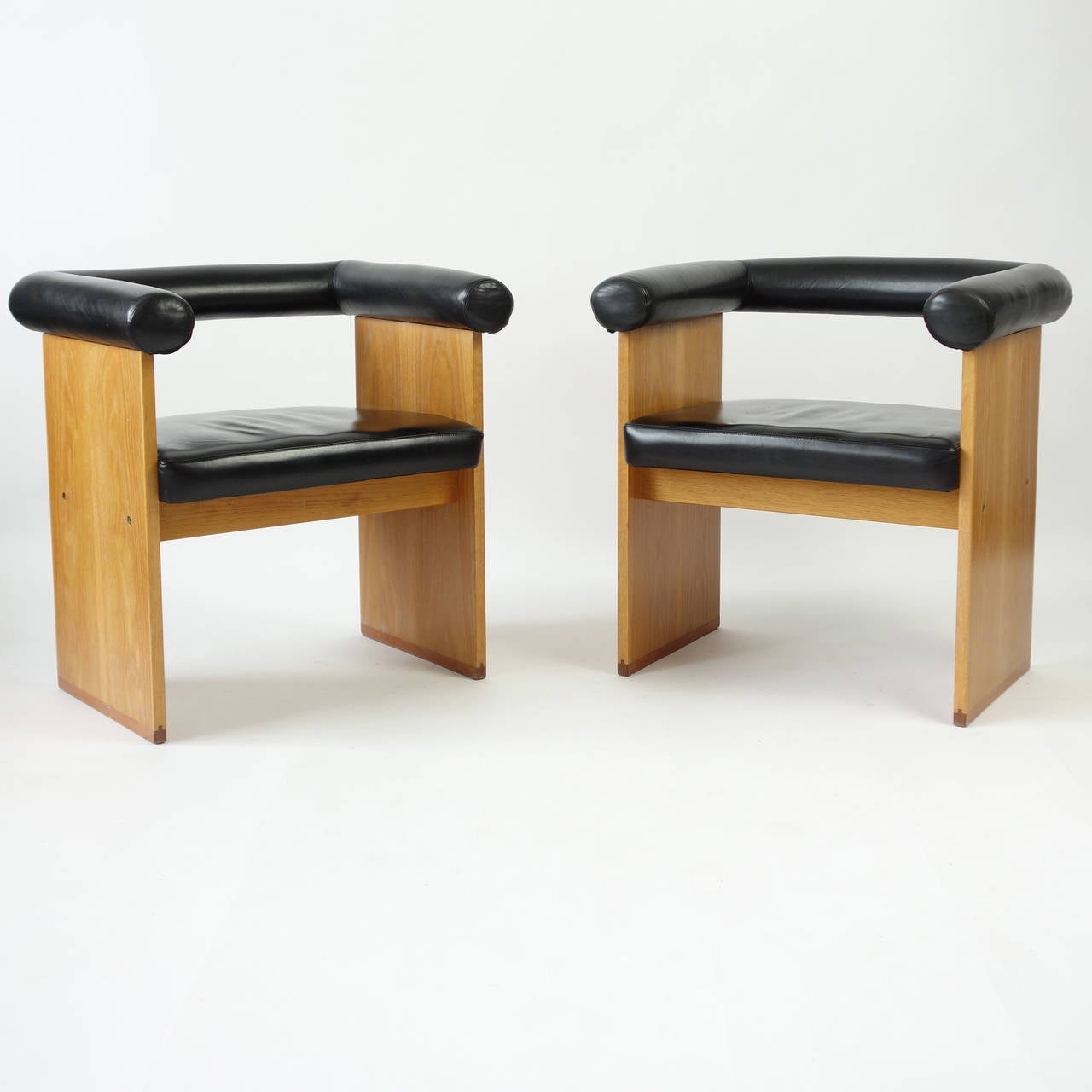 Bauhaus Pair of Leather and Limed Oak Minimalist Armchairs