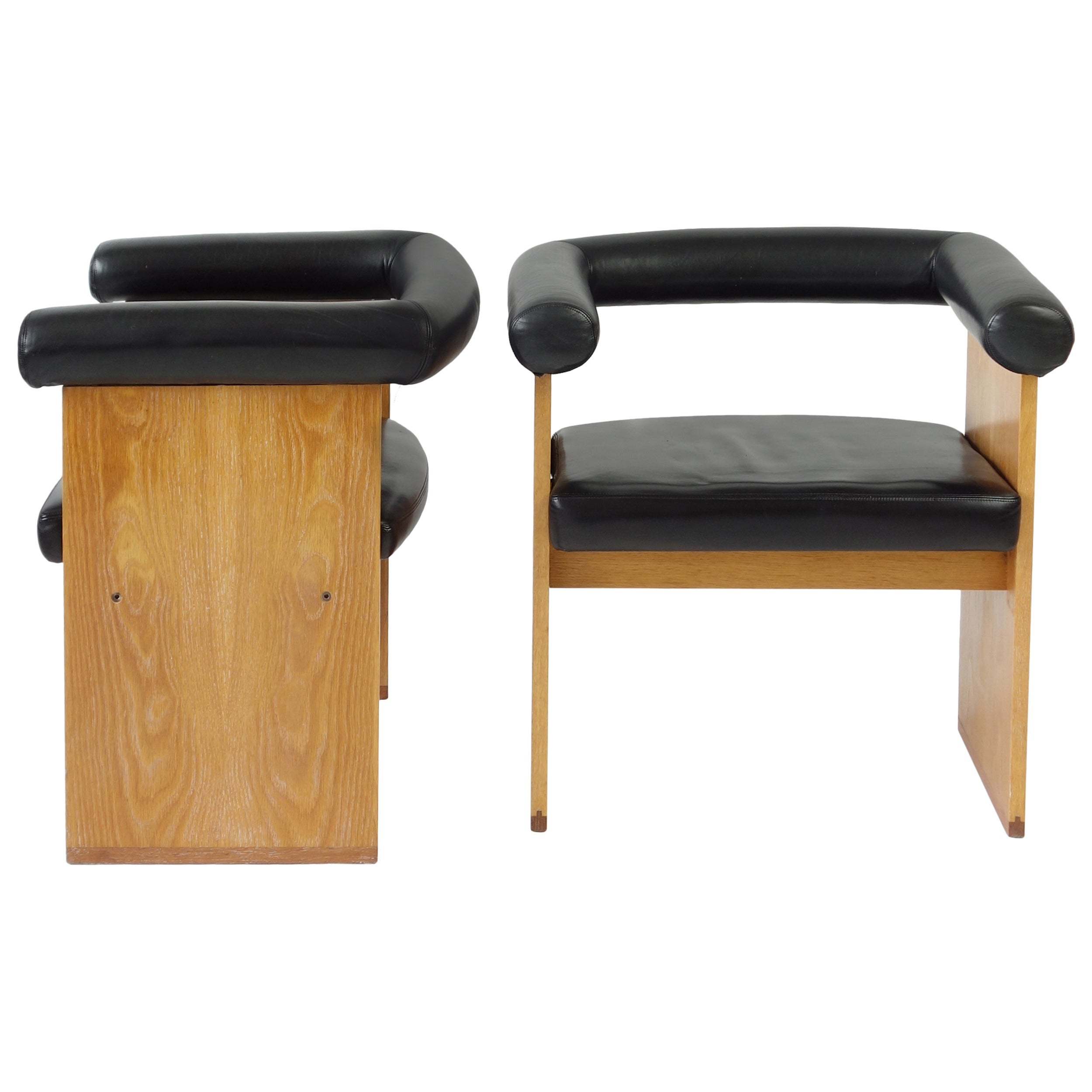 Pair of Leather and Limed Oak Minimalist Armchairs