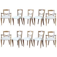 Set of Ten Art Deco Walnut Dining Chairs Attributed to Jules Leleu