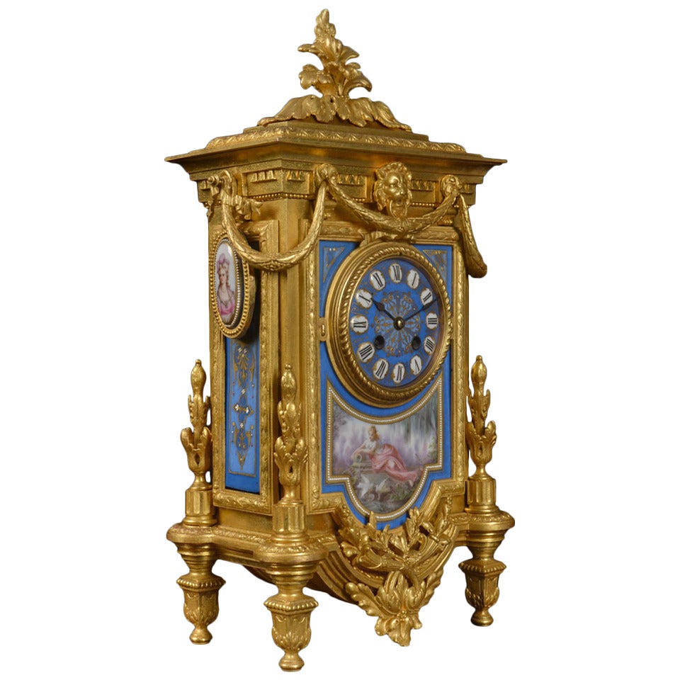 French Gilt Metal and Porcelain Mantle Clock
