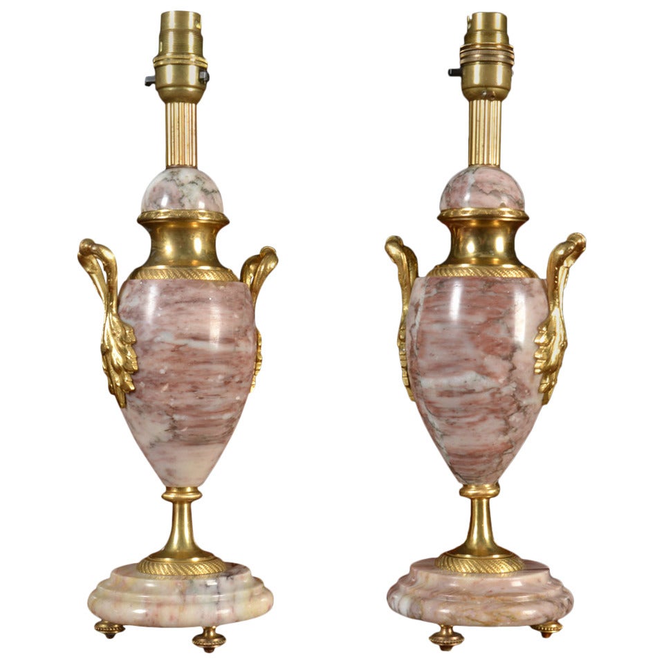 Pair of Variegated Marble and Gilt Metal Mounted Table Lamps