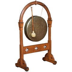 Large Victorian Gothic Brass and Oak Gong