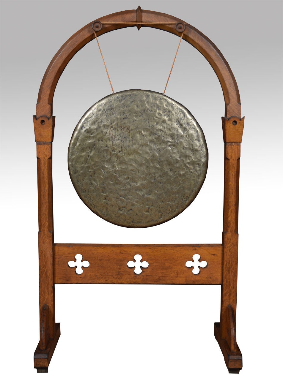 Large Victorian Gothic Brass and Oak Gong