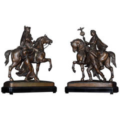Antique Large Pair of Late 19th Century Bronzed Spelter Figures on Horseback