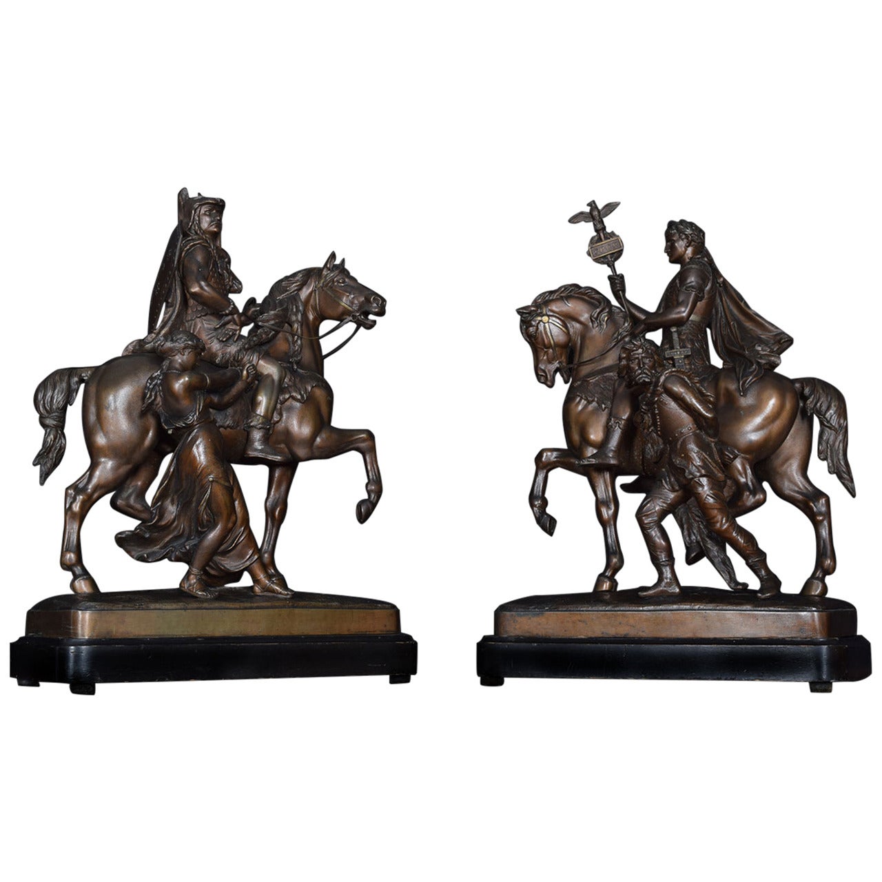 Large Pair of Late 19th Century Bronzed Spelter Figures on Horseback