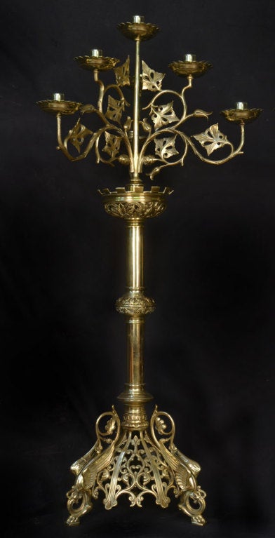 English Large Pair of Brass Ecclesiastical Seven-Light Candelabras