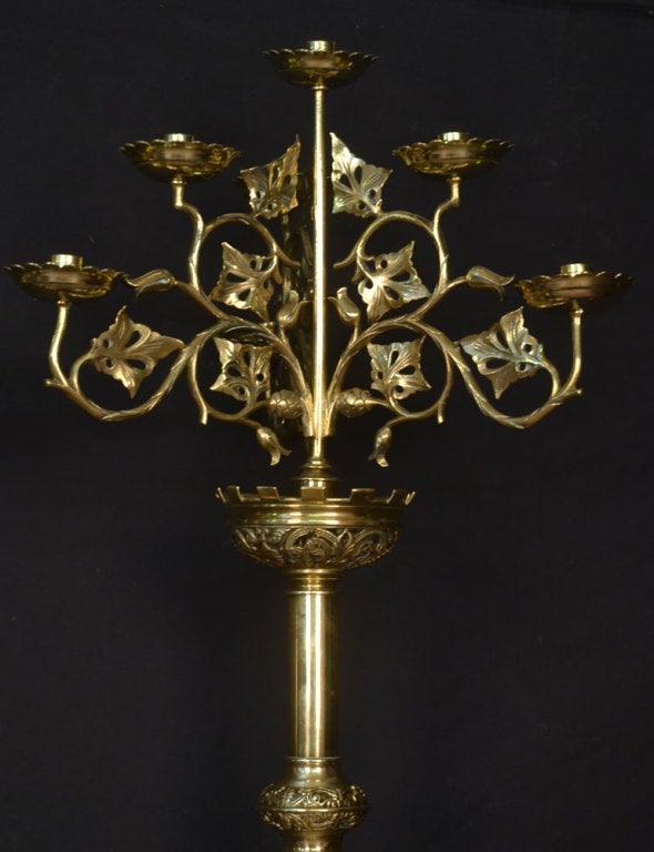 19th Century Large Pair of Brass Ecclesiastical Seven-Light Candelabras