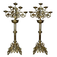 Large Pair of Brass Ecclesiastical Seven-Light Candelabras