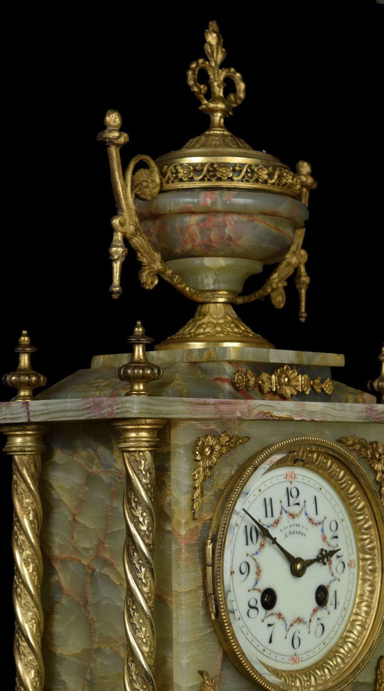 19th century French onyx and gilt metal clock set 1