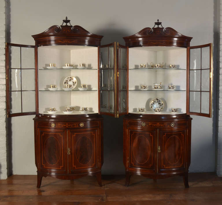 Victorian Pair of Mahogany Inlaid Bow Fronted Display Cabinets by Shapland and Petter
