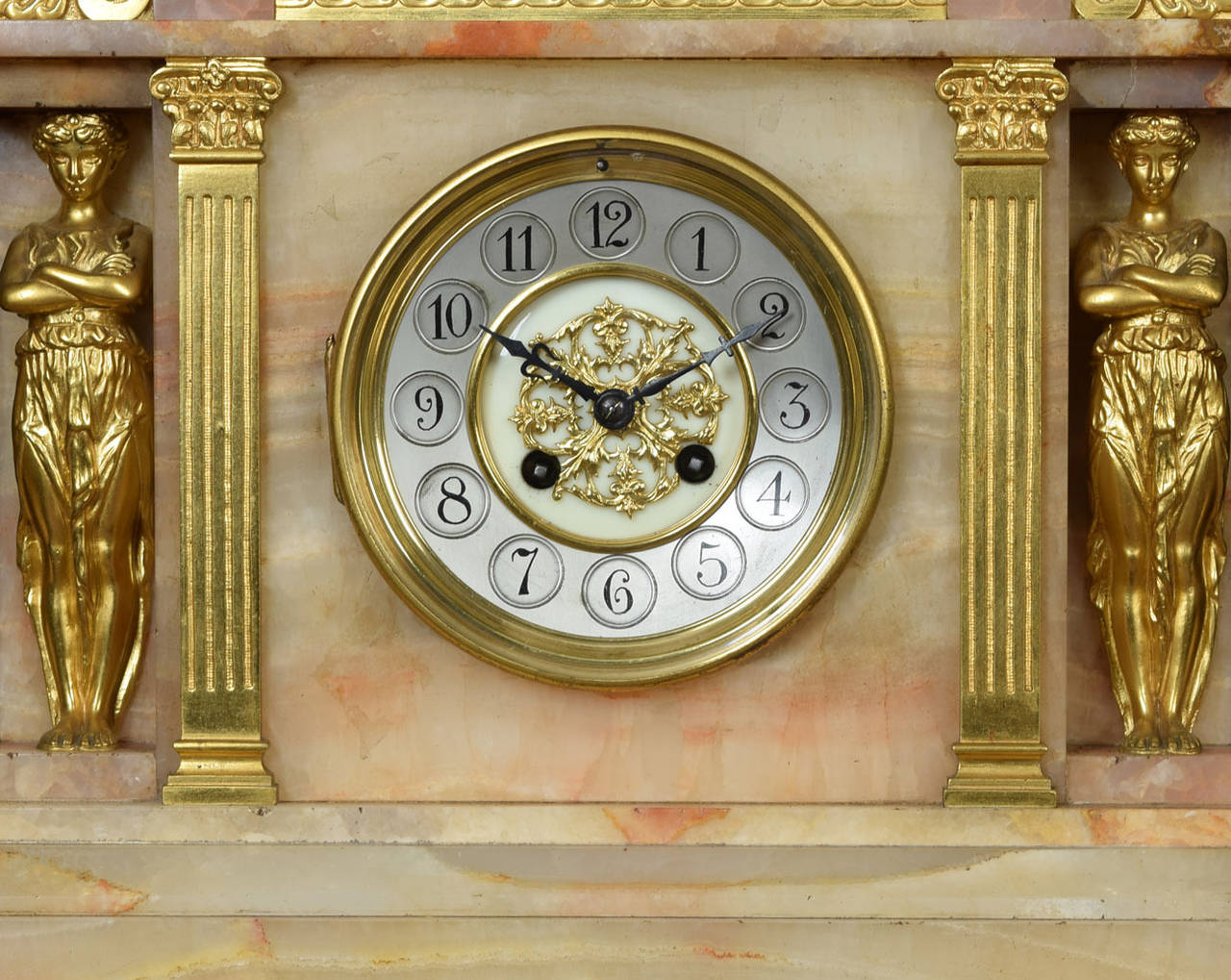 Late 19th Century French Gilt Metal and Onyx Cased Three-Piece Clock Garniture In Excellent Condition In Cheshire, GB