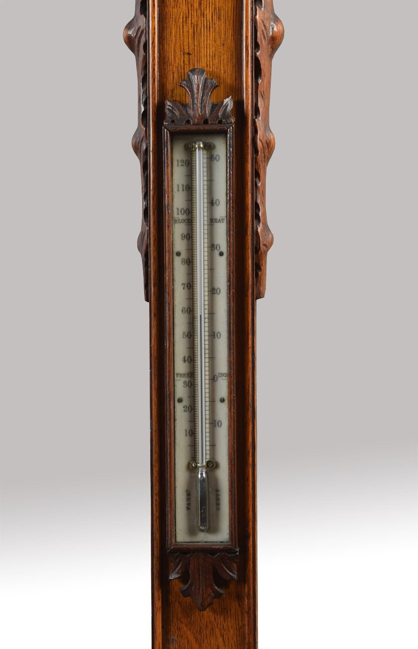 19th Century Victorian Oak Cased Stick Barometer and Thermometer