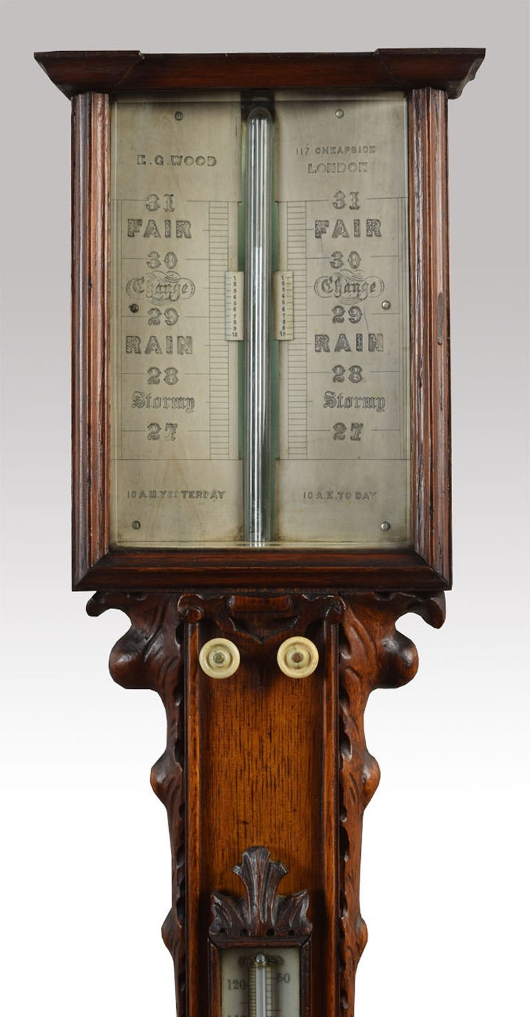 English Victorian Oak Cased Stick Barometer and Thermometer