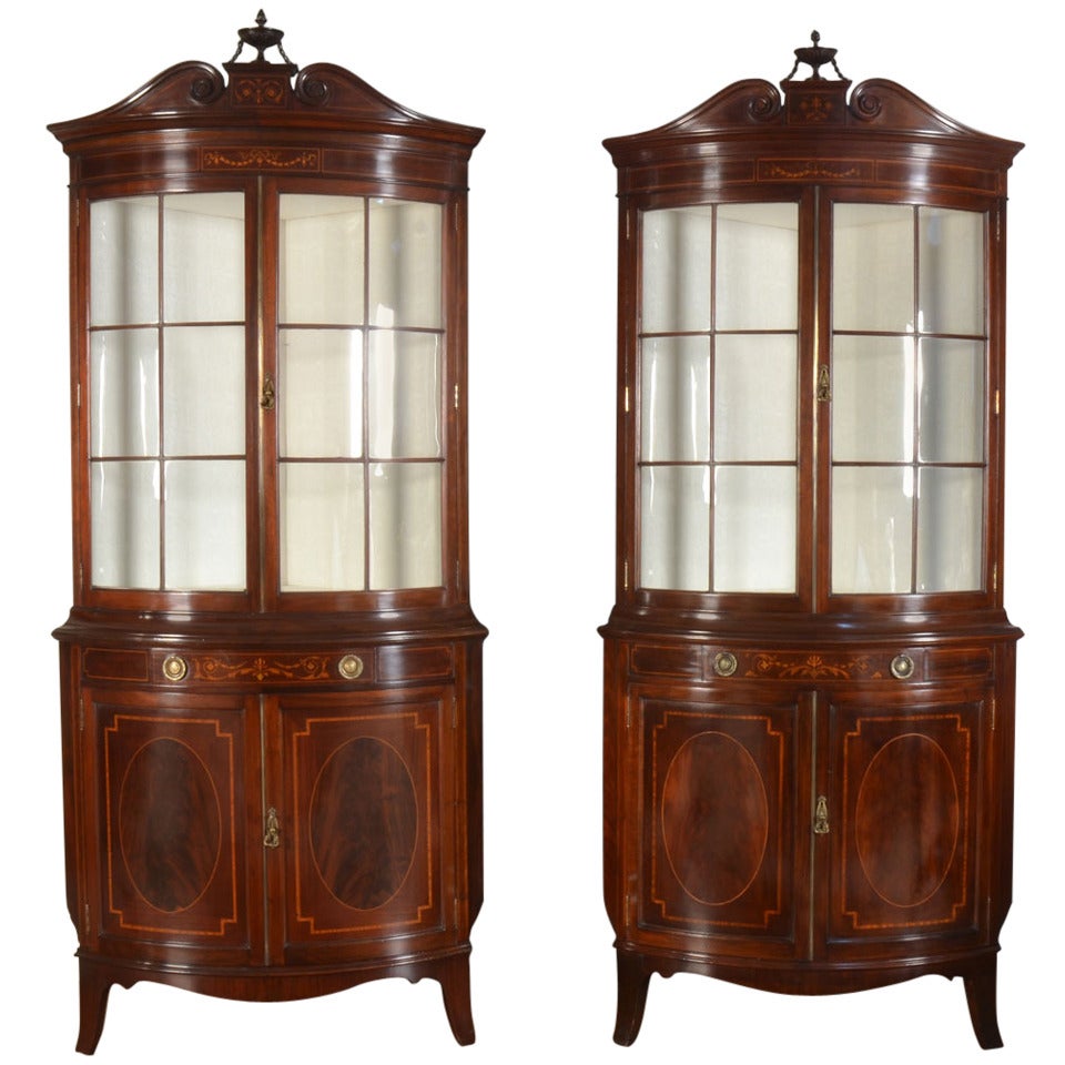 Pair of Mahogany Inlaid Bow Fronted Display Cabinets by Shapland and Petter