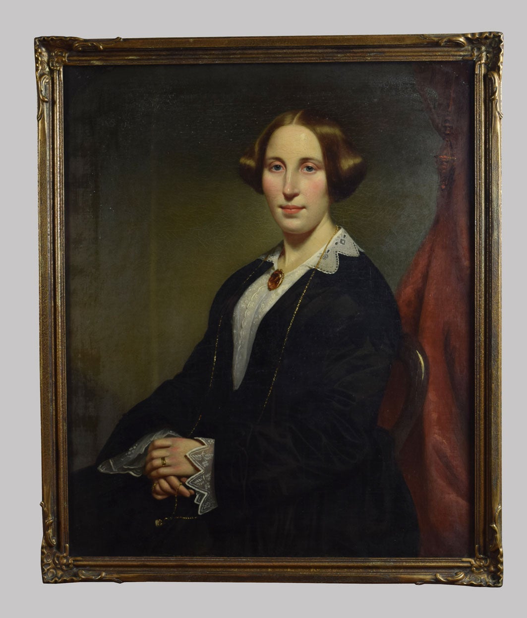 Victorian oil on canvas portrait off Mrs. Jane Jack from Paisley in traditional Victorian dress in gilt wood frame
Dimensions

Height 39 Inches
Width 33 Inches