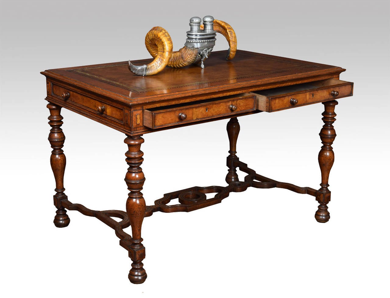 Victorian Gothick Revival Oak and Burr Oak Two-Draw Writing Table
