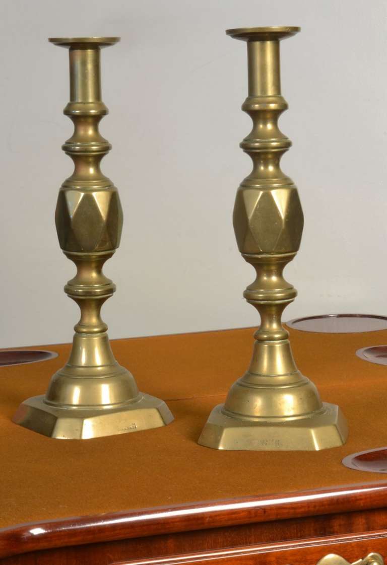 Pair off brass push up ace of diamond candle sticks 14 Inches tall, largest of group, marked 