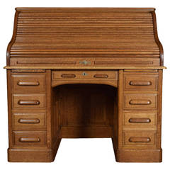 Oak pedestal roll top desk