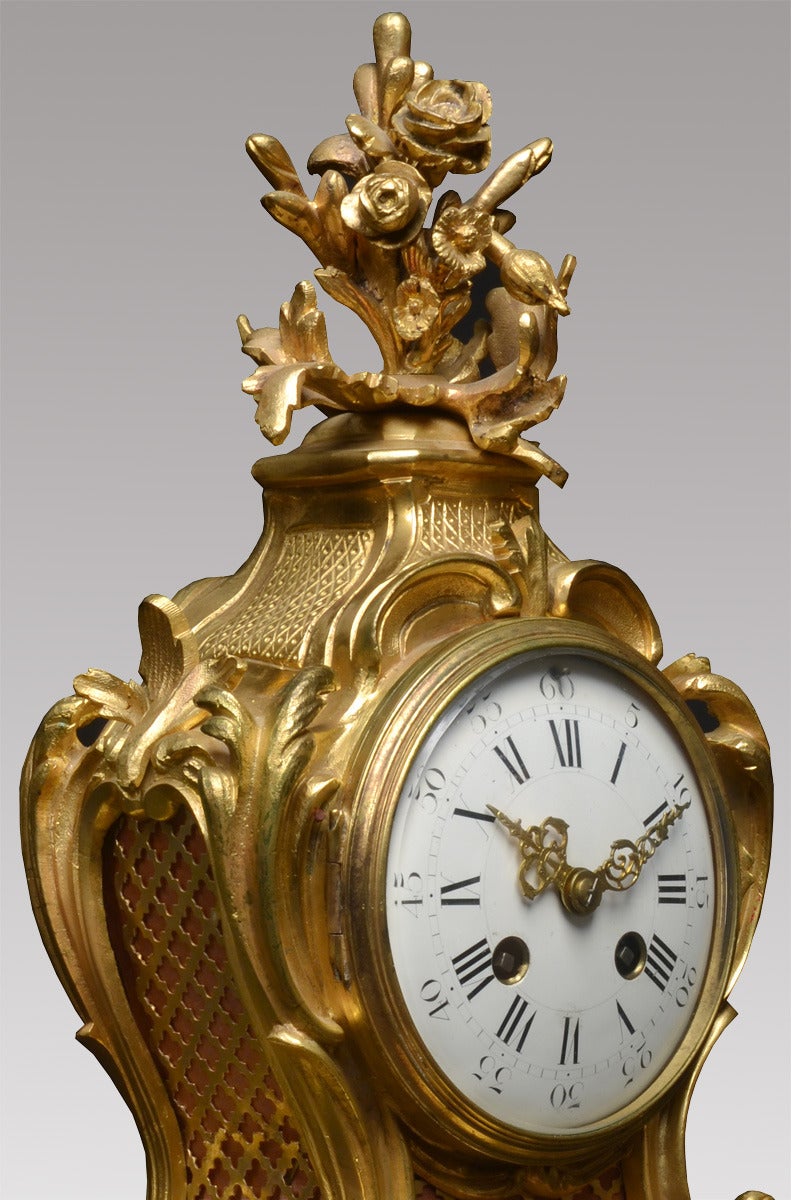 French three piece gilt metal mantle clock set In Excellent Condition In Cheshire, GB