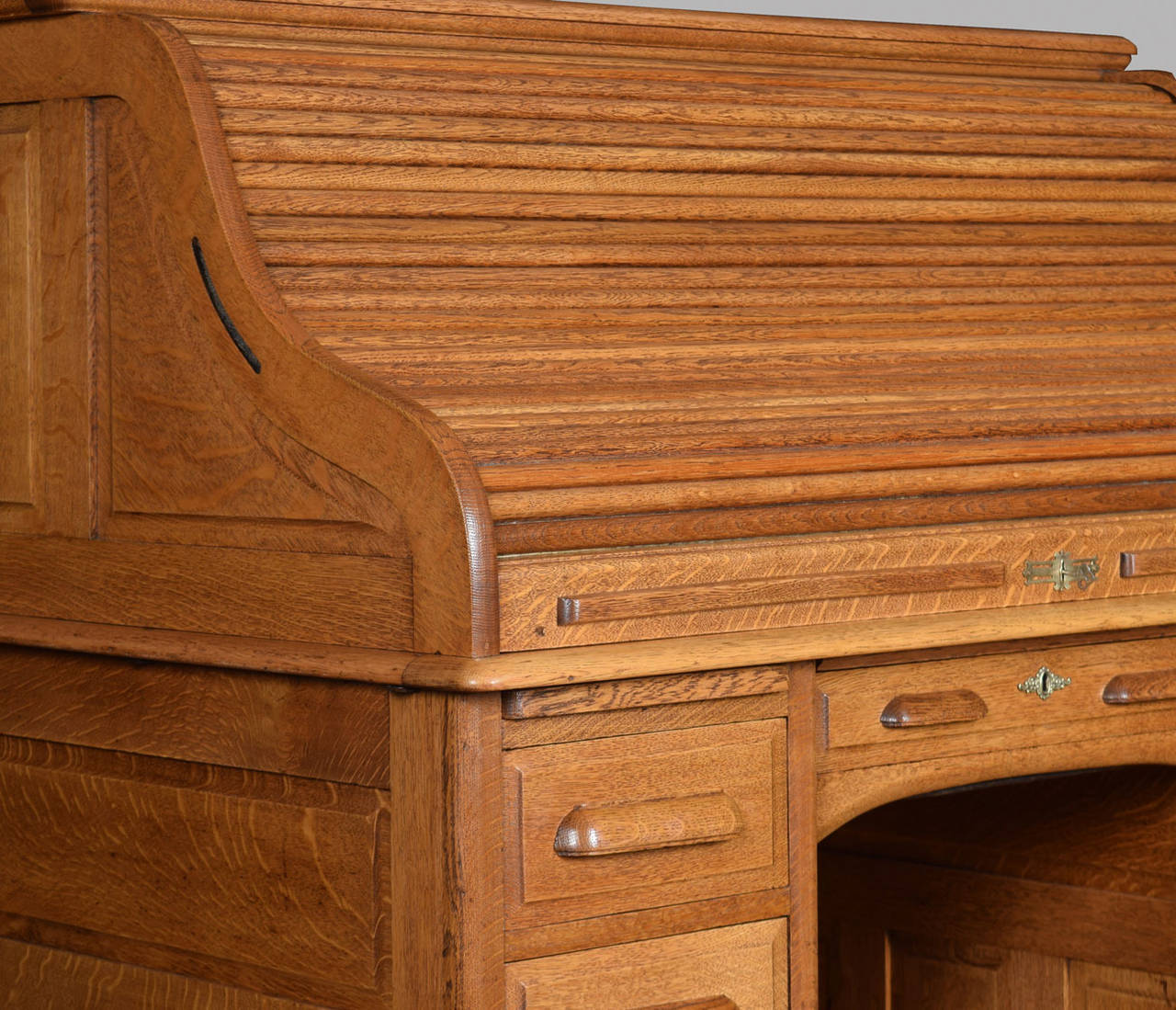 English Oak pedestal roll top desk