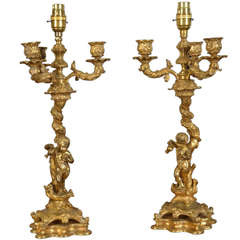 Pair of French Louis XVI Style Bronze Putti Candelabra Table Lamps