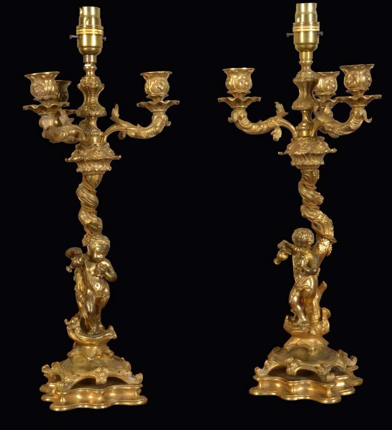 Pair of French Louis XVI Style Bronze Putti Candelabra Table Lamps