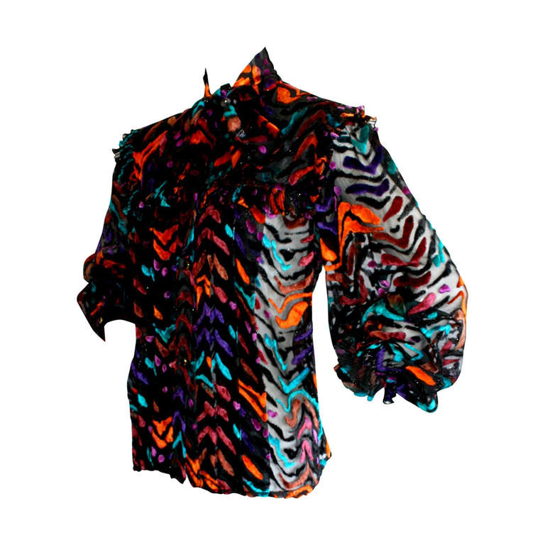 Vintage 1990s Nina Ricci Haute Couture Silk Multi-Color Poet's Blouse
