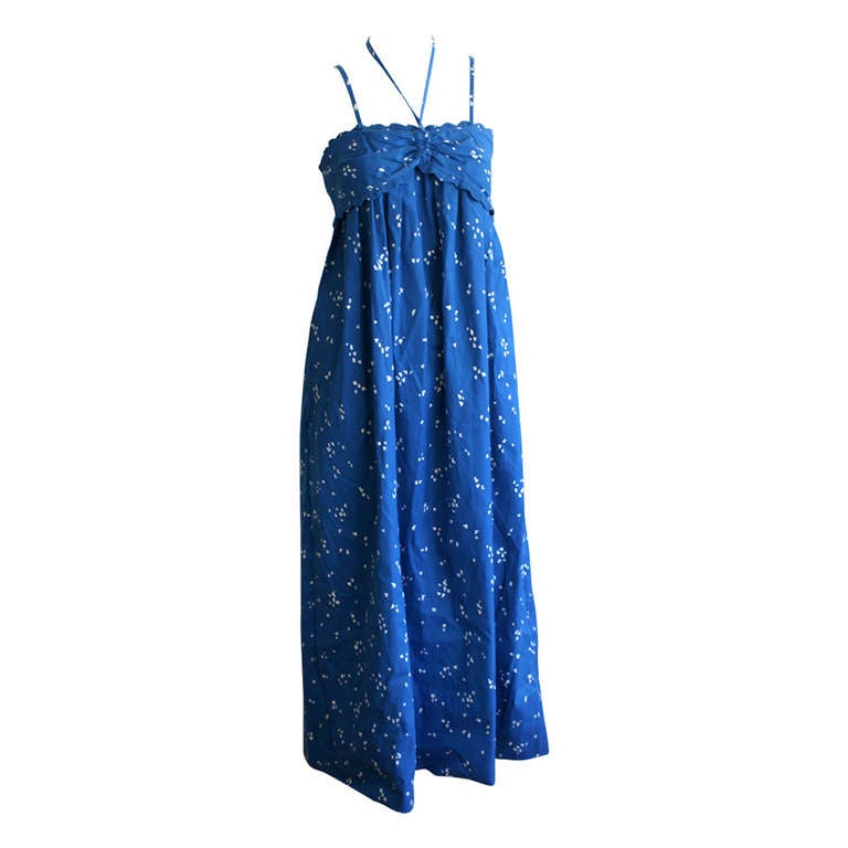 Bill Tice Vintage 1970s Hand Painted Blue Maxi Halter Dress For Sale