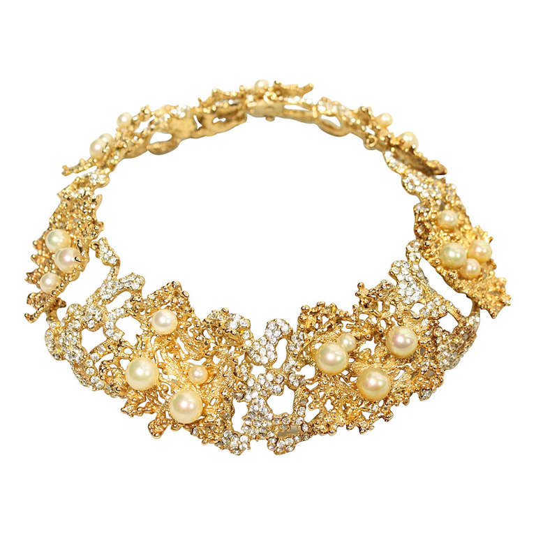 Christian Dior Necklace with Faux Pearls and Rhinestones, 1968  For Sale