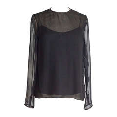 THE ROW Top black silk chiffon leather trim w silk shell camisole 34 / 4 New