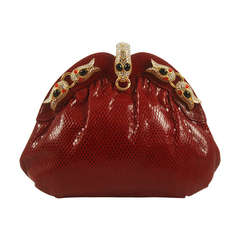 1980s Red Lizard Evening bag with Rhinestone Snake Frame