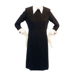 1970s VALENTINO HAUTE COUTURE Black Dress with White Silk Collar and Cuffs