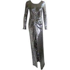 1990s Vicky Tiel Silver Sequin Mermaid Gown