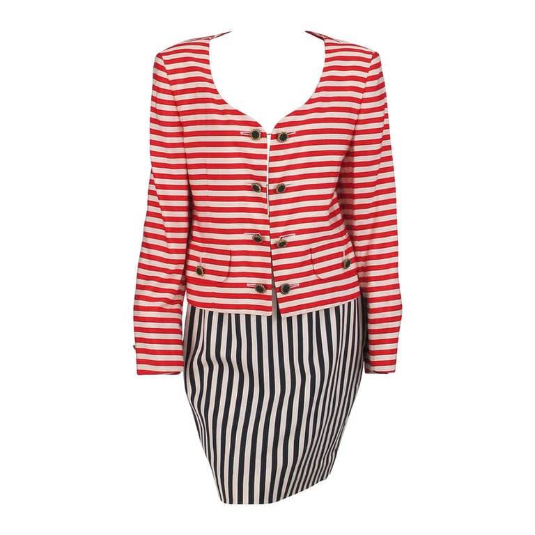 1980s Moschino red/black/white stripe skirt set