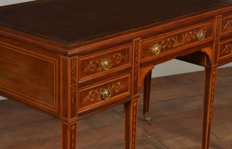 British Mahogany Satinwood Banded and Marquetry Desk by Edwards & Roberts