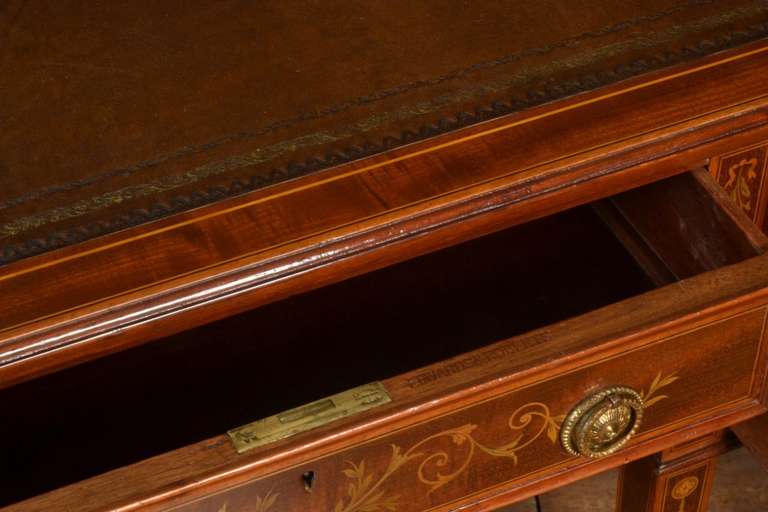 19th Century Mahogany Satinwood Banded and Marquetry Desk by Edwards & Roberts