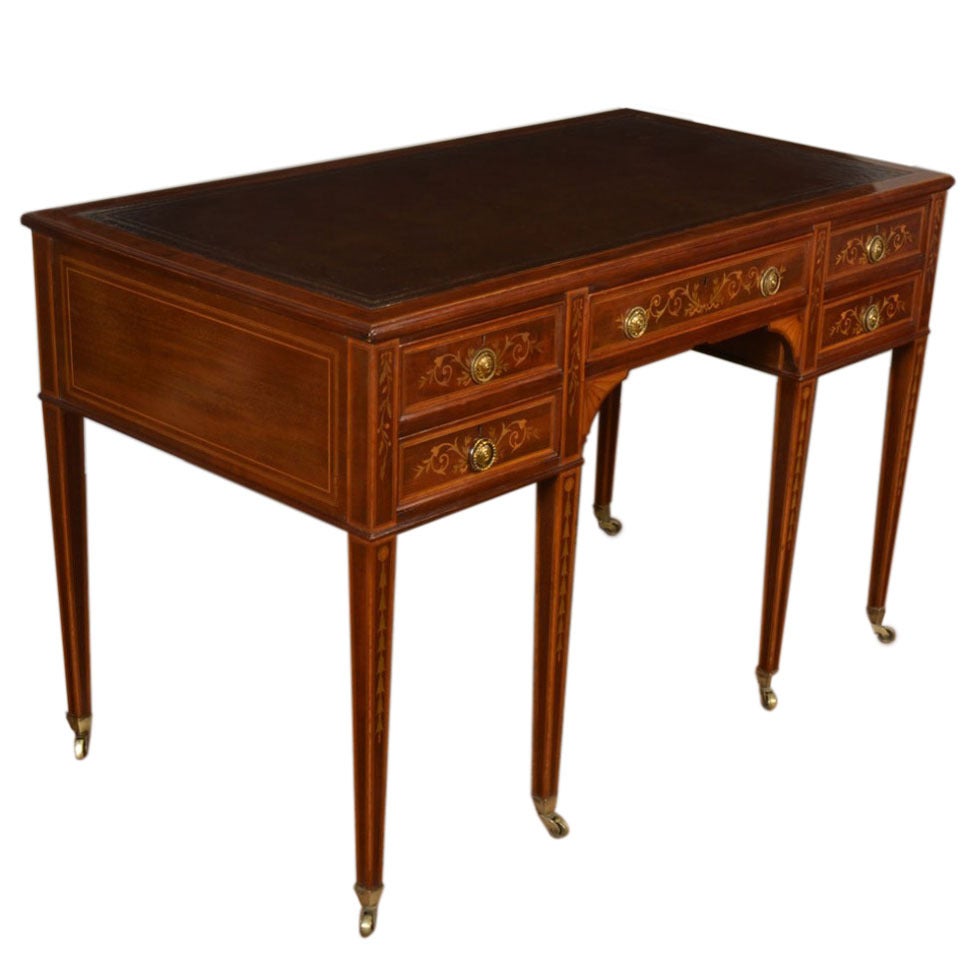 Mahogany Satinwood Banded and Marquetry Desk by Edwards & Roberts