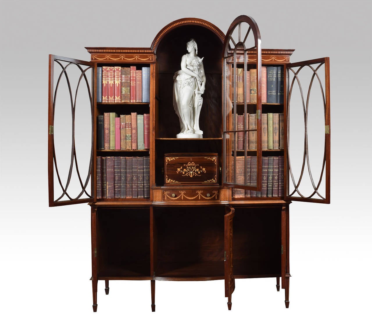 Late Victorian Late 19th Century Sheraton Revival Mahogany Inlaid Display Cabinet Bookcase