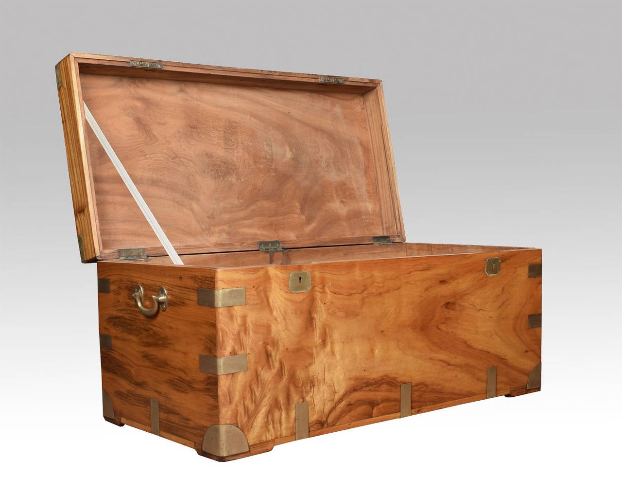 Large Chinese export brass-bound camphorwood trunk the hinged top with a brass plaque and side-carrying handles.

Dimensions:

Height 20.5 inches.

Width 45 inches. 

Depth 21.5 inches.