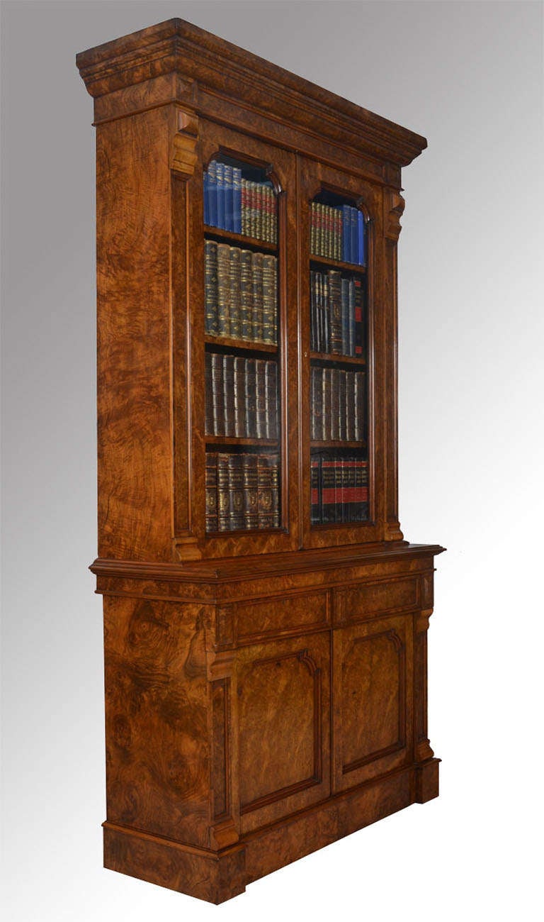 Victorian burr walnut bookcase with a flared cornice over two glazed doors enclosing three adjustable shelves, the protruding base having two short draws above two panelled doors raised up on plinth base