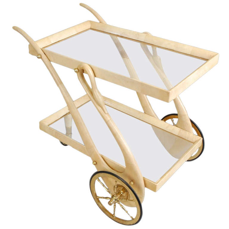 Aldo Tura Tea/ Bar Cart In Goatskin Parchment Swan at 1stdibs
