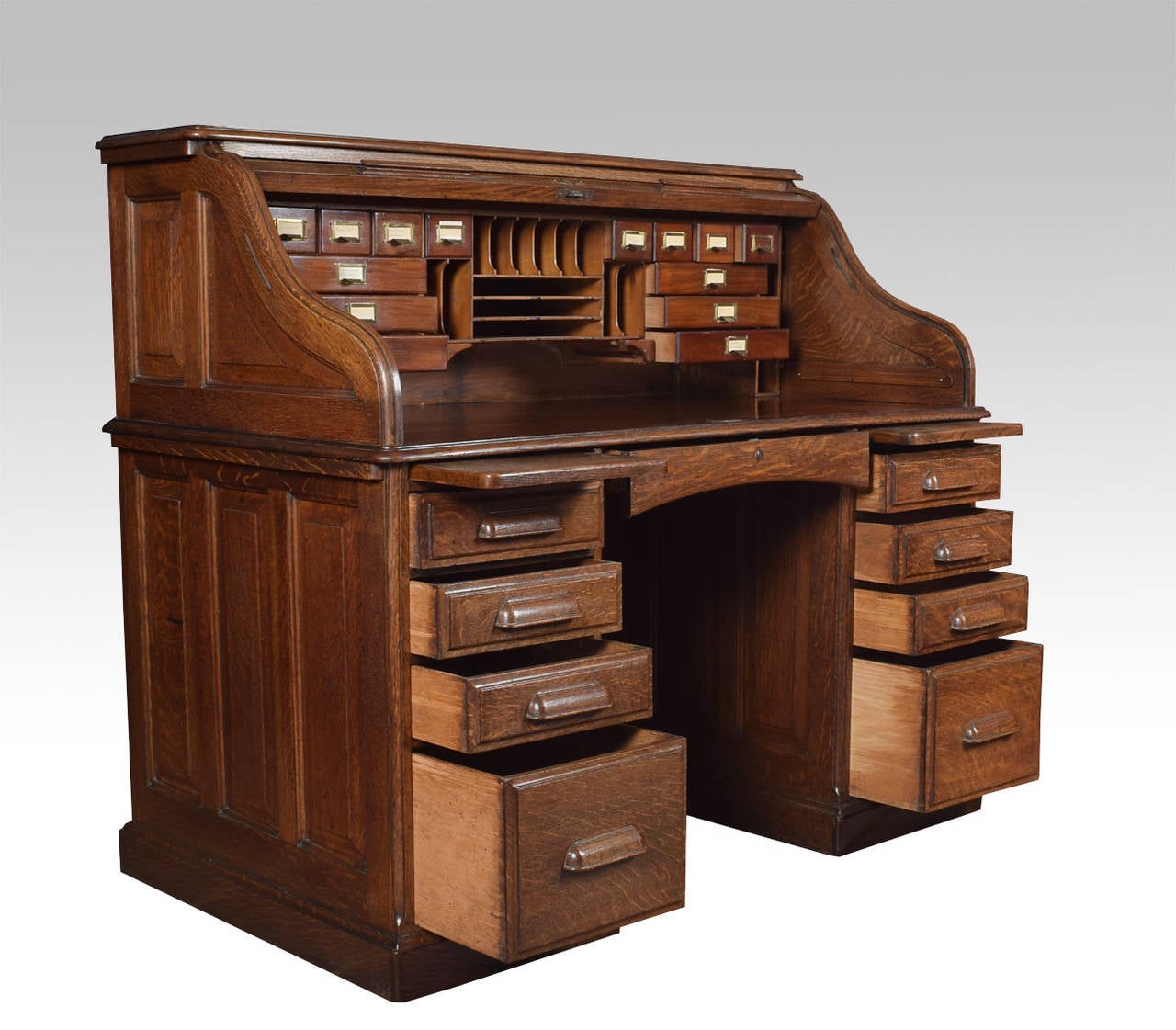 19th Century Oak Pedestal Roll-Top Desk