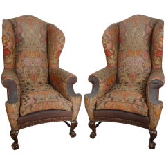 Pair of Needlepoint Upholstery Wing Arm Chairs