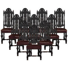 Set of Ten 17th Century Style Carved Oak Dining Chairs