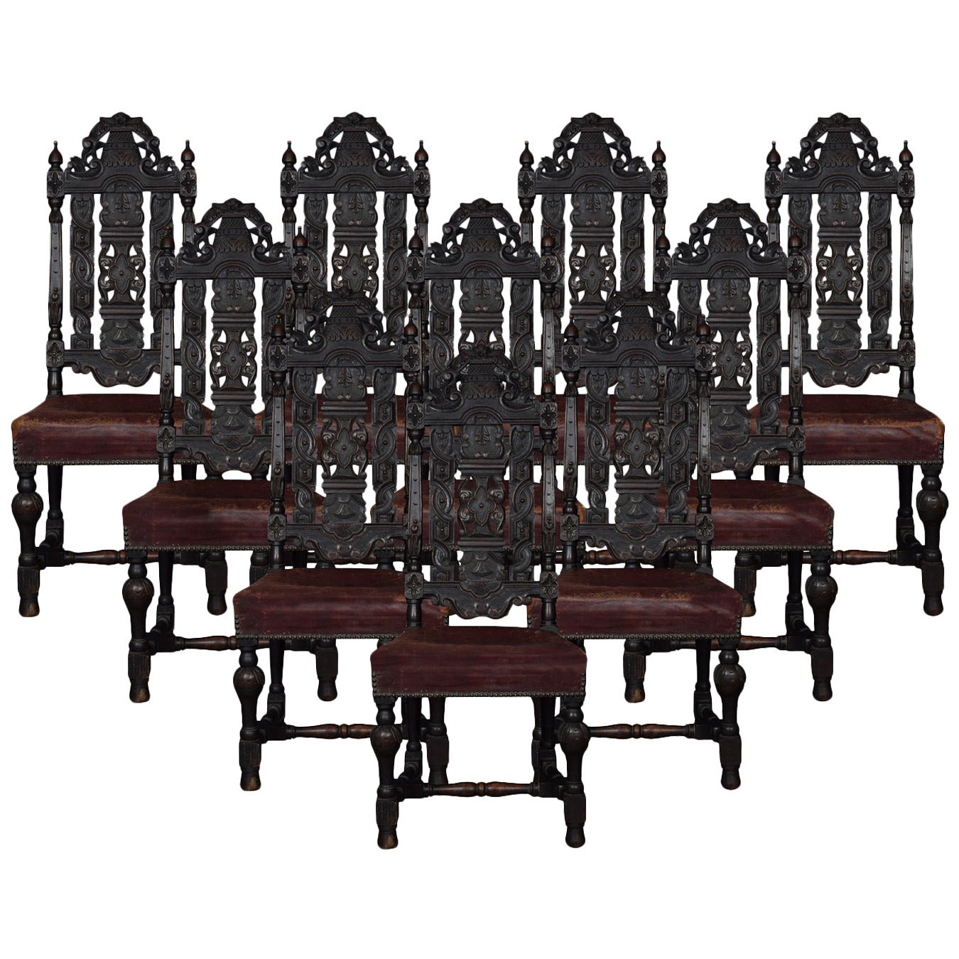 Set of Ten 17th Century Style Carved Oak Dining Chairs