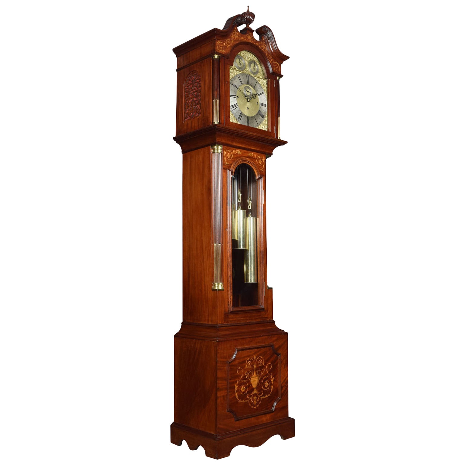 Edwardian Mahogany Inlaid Tubular Chiming Longcase Clock