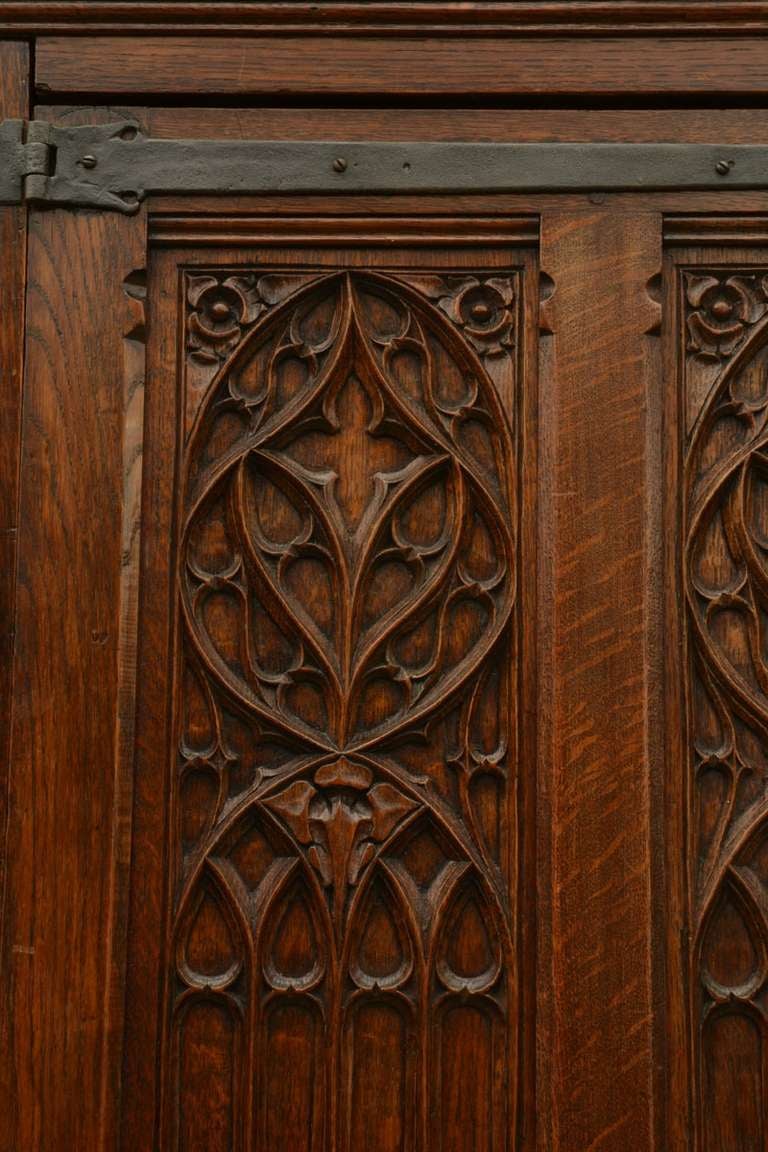British Large Gothic revival oak wardrobe