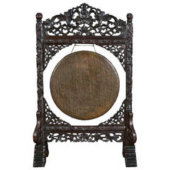 19th century Chinese gong on carved hardwood stand