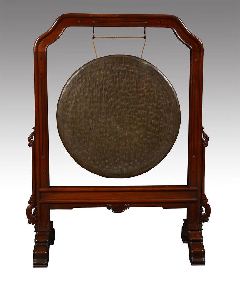 Chinese hardwood framed dinner gong, Gong diameter 19 inches with original hammer